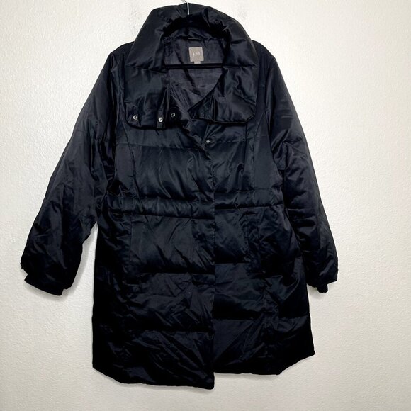 J. Jill Puffer Jacket Large Black Down-Insulated Mid-Length Coat Parka Button - Picture 1 of 14
